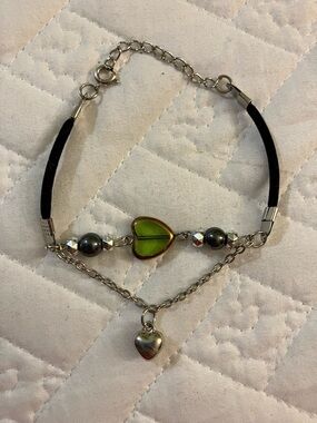 Coldwater Creek Green Heart Layered Bracelet with Black Cord